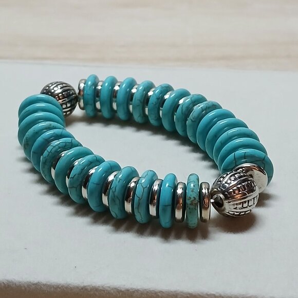 Hand Made Turquoise & Silver Tone Beaded Bracelet Fashion Jewelry #49 - Picture 7 of 8